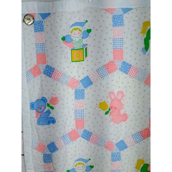 Vintage Baby Quilt Green Yellow Horse Pink Bunny Blue Polka dot Bear Tulips Flow - Picture 3 of 6